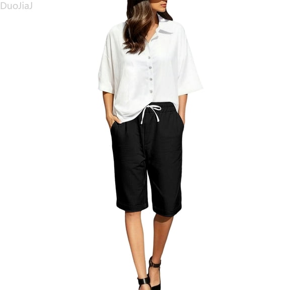 DuoJiaJ Womens Shorts, Drawstring Elastic Waist Summer Casual Trousers Black XXXXL