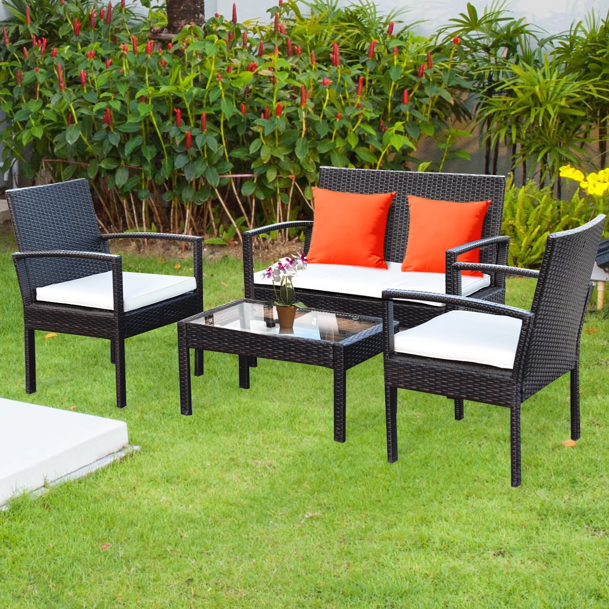 Topbuy Set of 4 Patio Rattan Table Chair Set Cushioned Seat Gargen