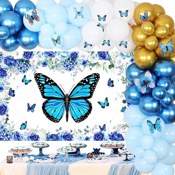 Blue Butterfly Balloon Garland Arch Kit, Butterfly Flower Backdrop 3D Butterflies Wall Stickers Decorations for Girls’ Baby Shower Birthday Bachelorette Party Supplies