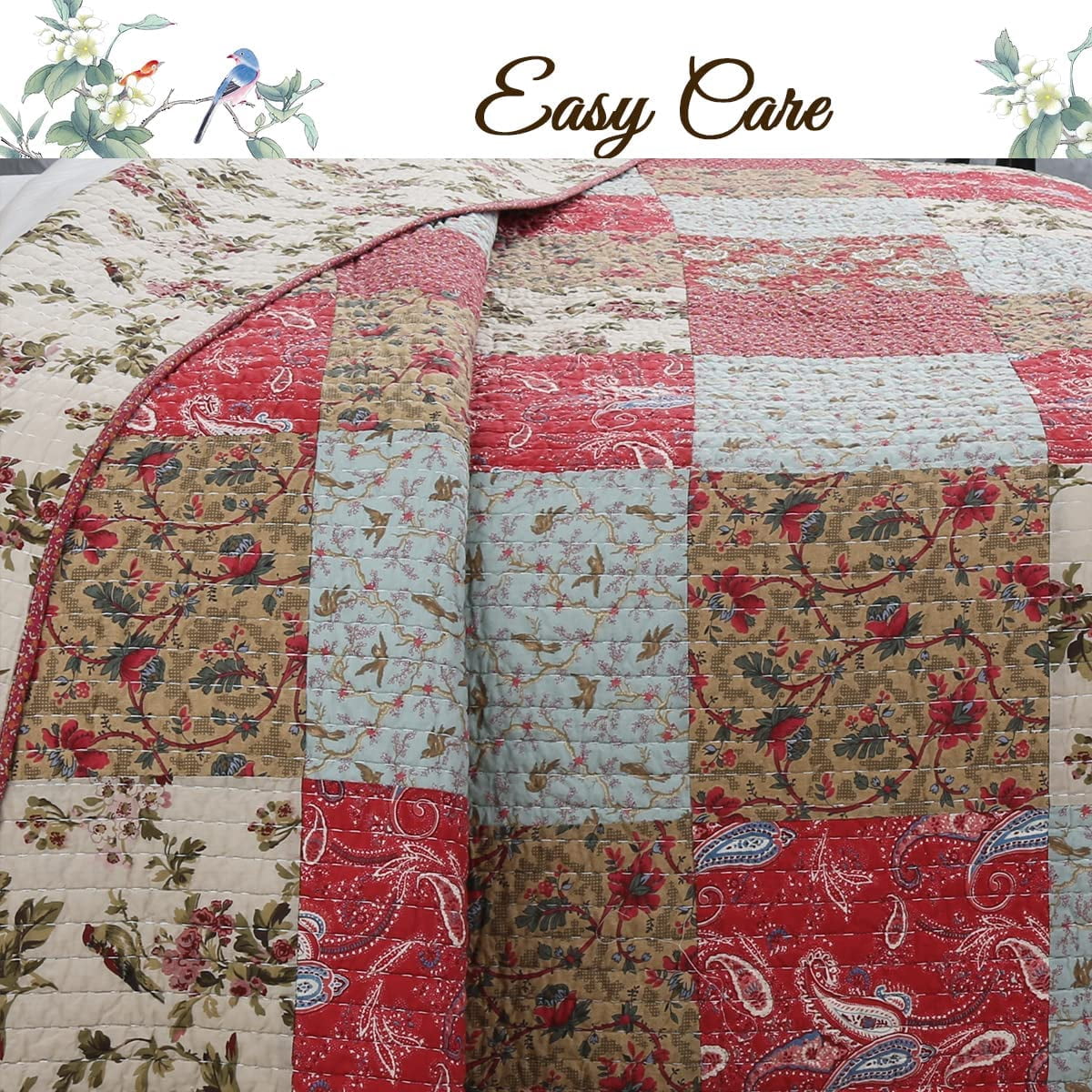 Cozy Line Rosemond Floral Patchwork 100% Cotton 3-Piece Quilt Bedding Set, Queen Set