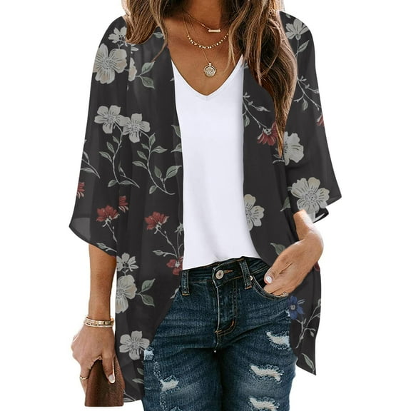 gbyLJF Women's 3/4 Sleeve Cardigan Lightweight Gradient Printed Full-open Blouse Loose Fit Casual Vacation Thin Shirt Coats