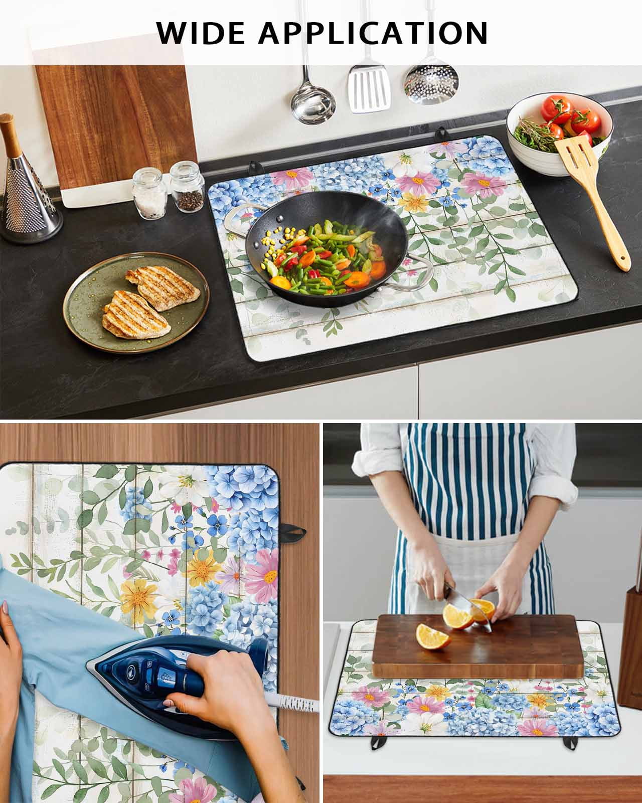 nqOlkjepod Large Induction Cooktop Protector Mat 36"x21", Blue Spring Floral Stove Top Covers for Electric Stove, Summer Botanical Pastoral Wooden Stove Burner Cover Mats, Glass Top Stove Cover