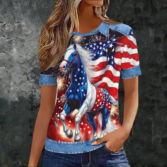 4th of July Shirts for Women: American Flag Tee USA Red White Blue Top Patriotic Crew Neck T Shirt