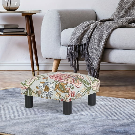 15 Inch Square Upholstered Fabric Foot Rest Stool Ottoman - Floral Pattern Footstool with Sturdy Hardwood Frame, Mixed Colors for Living Room, Office, Chair & Desk, Foot Stool Under Desk
