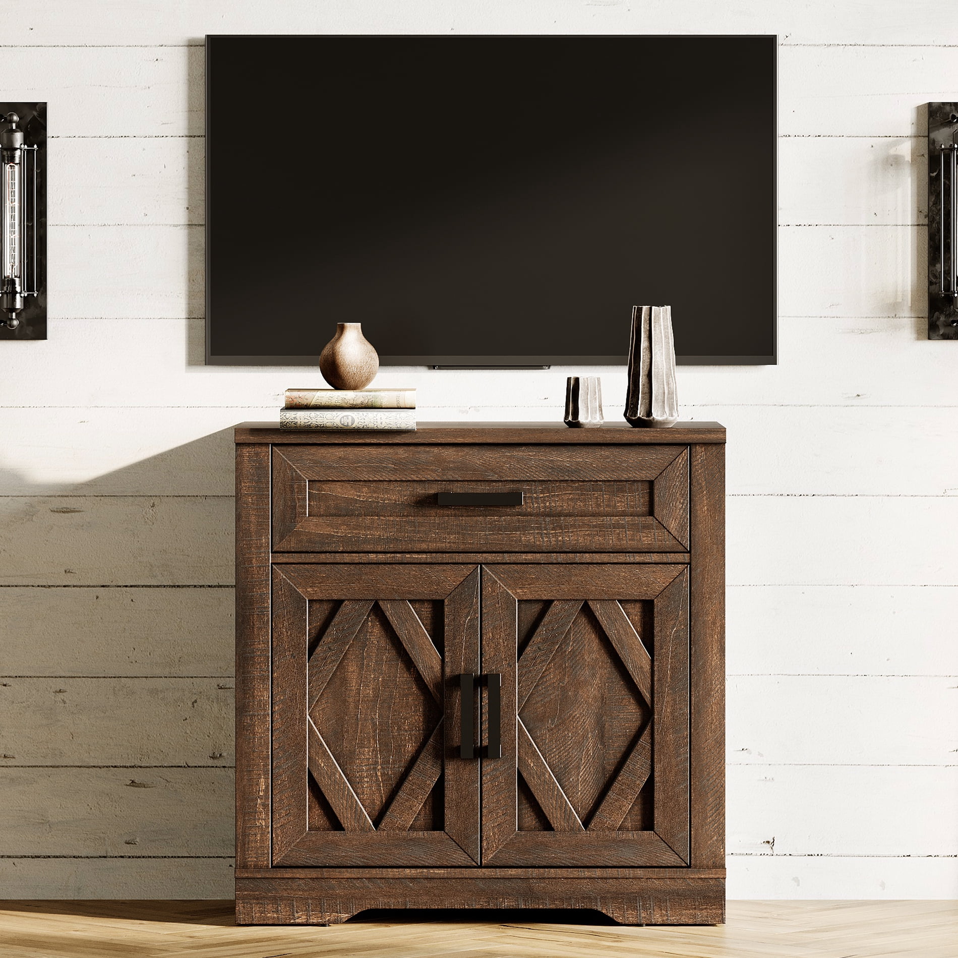 WAMPAT 31.5"W Farmhouse Buffet Sideboard with Barn Doors, Drawer & Storage, Brown