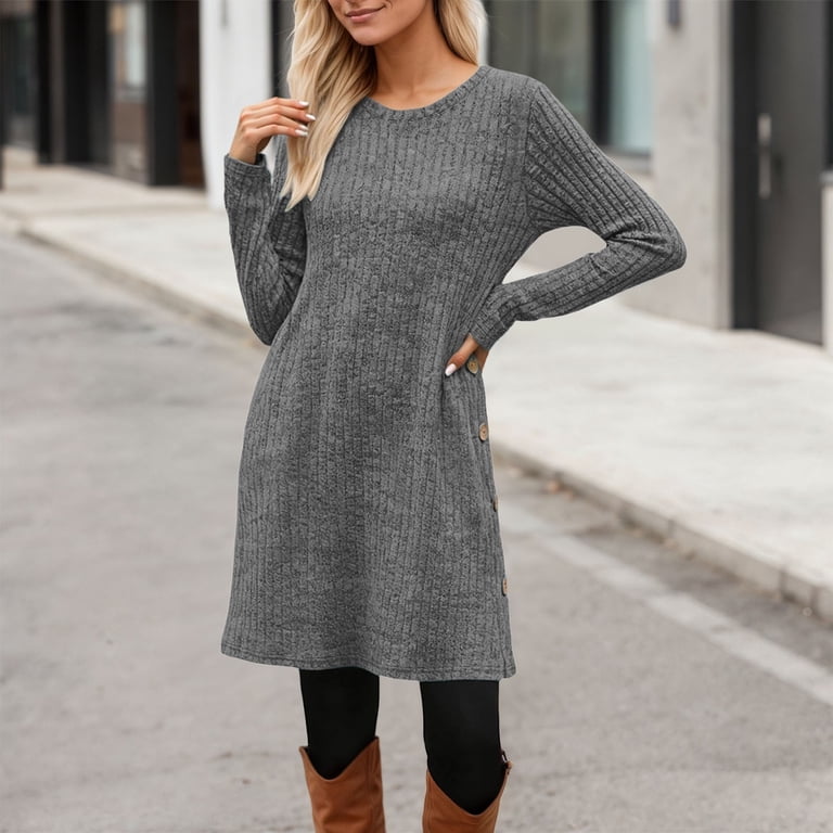 IWRICH Women's Fall and Winter Tunic Dress with Pockets Long Sleeve Crew  Neck Buttons Side Grey S