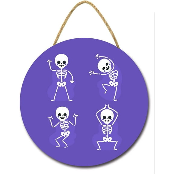 Eveokoki 12" Dancing Skeleton Halloween Decoration Halloween Sign for Front Door Round Wooden Hanging Wreaths for Home Wall Decor Halloween Day Party Decoration Outdoor Indoor