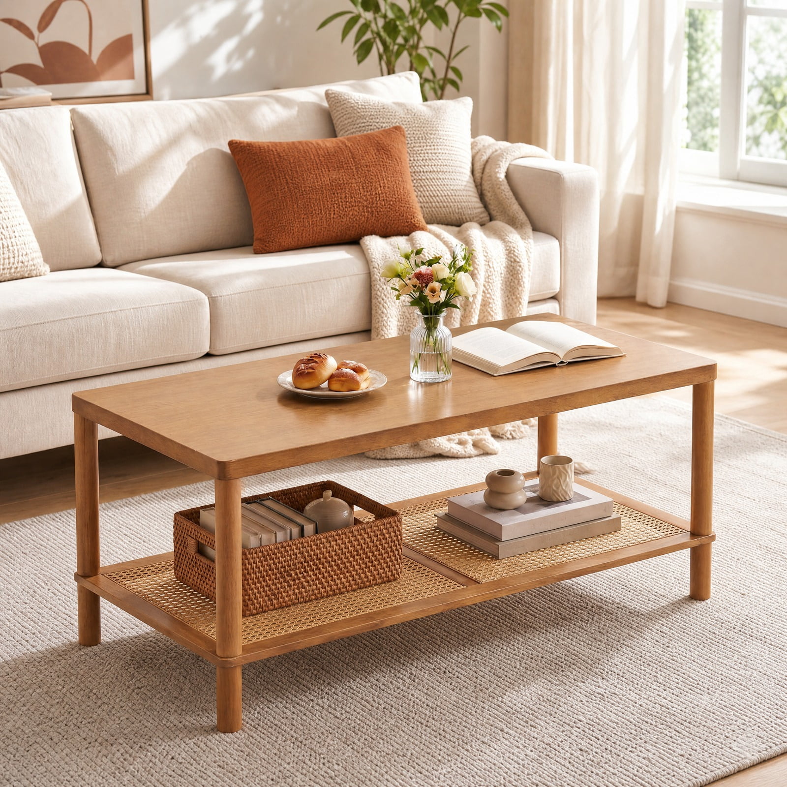 Furnibear 2 Tier Boho Rectangular Coffee Table with Rubber Wood Frame and Faux Rattan Open Storage Shelf for Living Room Home Office, Rustic Brown