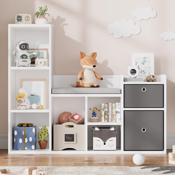 Homhougo Bookshelf, Toy Storage Organizer with Reading Nook, 44.1” Kids Bookshelf with 6 Cubbies, Seat Cushion, 2 Drawers – Wooden Storage Bench for Kids Room, Playroom, Nursery