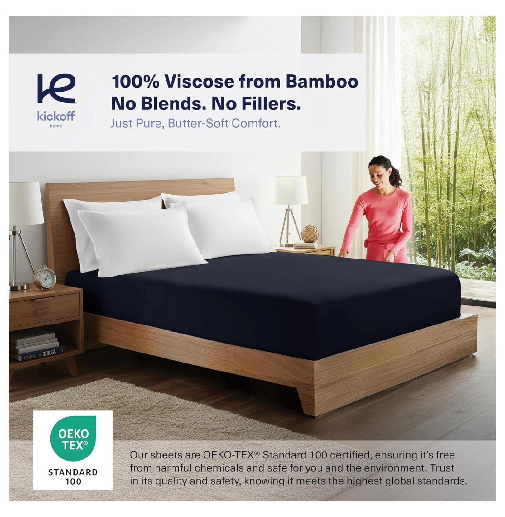 Kickoff Viscose Bamboo Fitted Sheet Queen Size, 100% Organic Cooling Sheets Fitted ONLY Viscose Bamboo Sheets Queen Size Bed Sheet for Hot , Extra Deep Pocket, 4 Corner Strap (Q, Onyx Black)