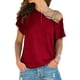 thumbnail image 1 of Camiseta informal holgada para mujer, mangas cortas, XXL, elegante top de verano de color rojo vino con hombros descubiertos, 1 of 6