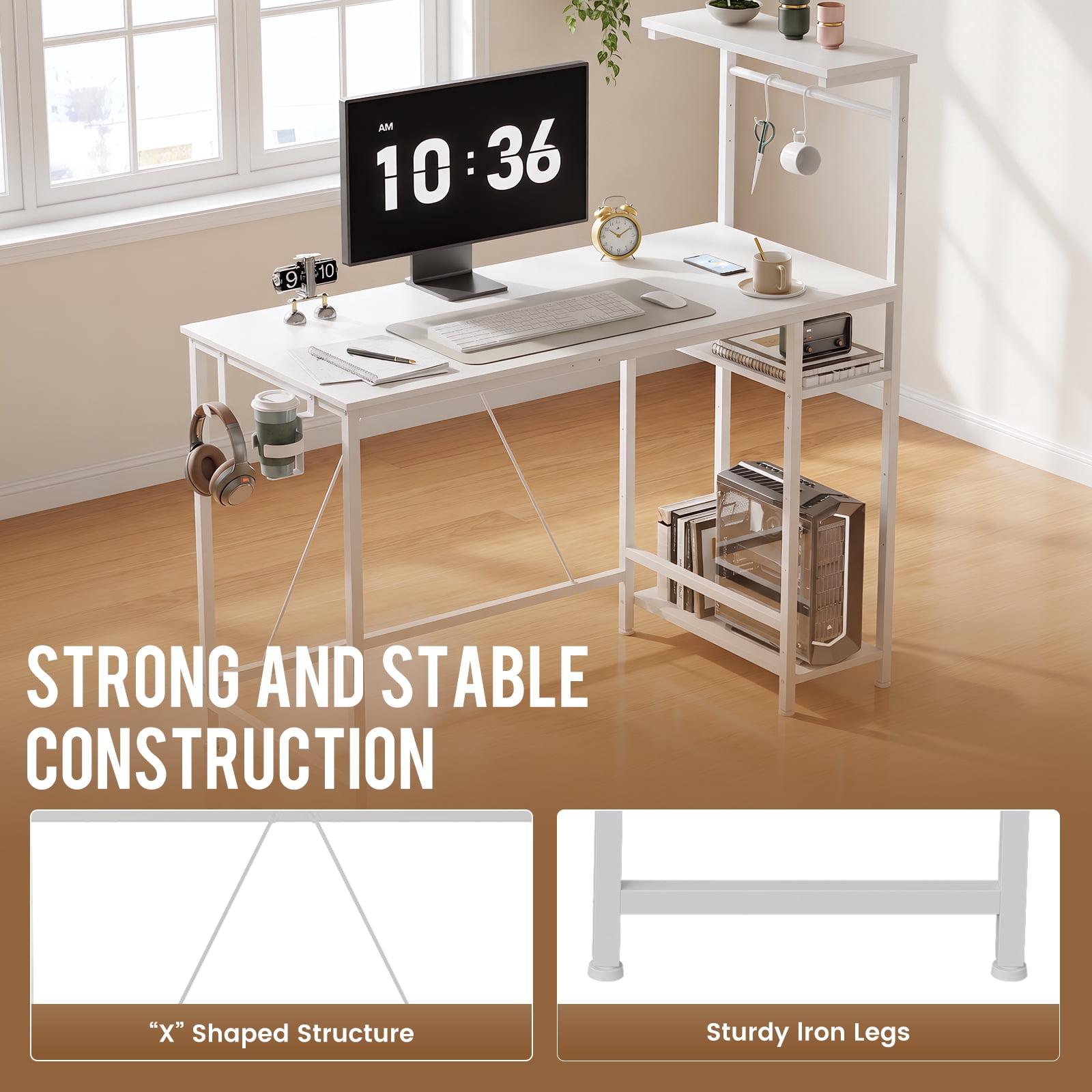 CLOUDREST PRO 44-Inch Computer Desk with LED Lights and 4-Tier Storage Shelves, White