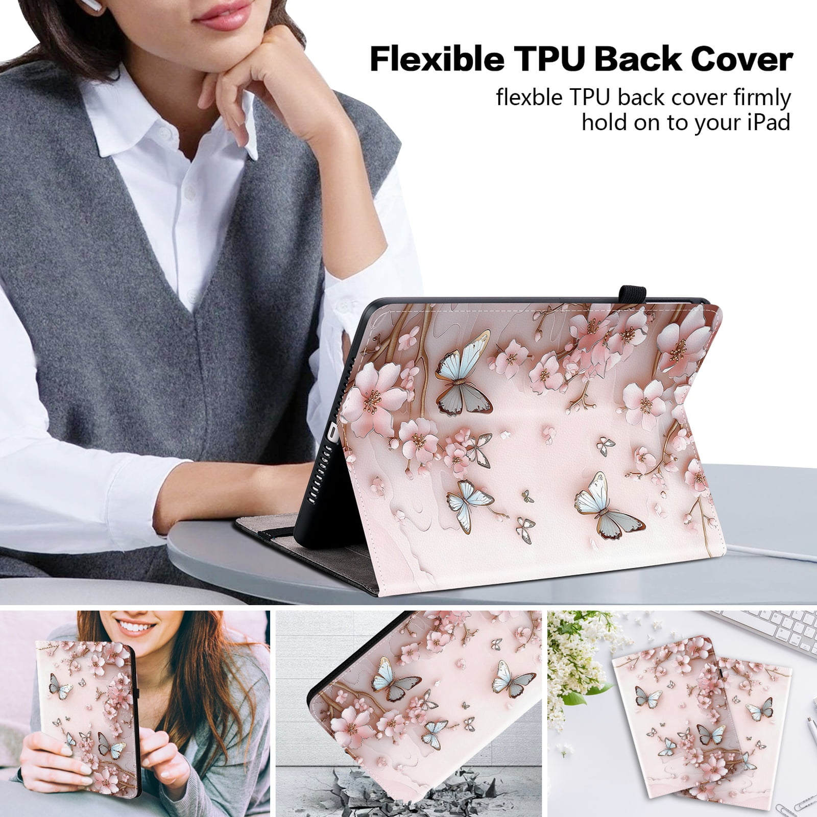 For iPad A16 11th Generation Case 11" 2025, iPad 10th Gen Case 2022, Premium PU Leather Flip Cover Stand Cover with Cards Slots Pencil Holder Shockproof TPU Inner Case for iPad 11 10, Pink Butterfly