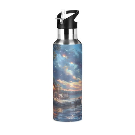 

Water Bottles 20oz Straw Lid Wide Mouth Stainless Steel for School Sport Travel Lakehouse in Sunset