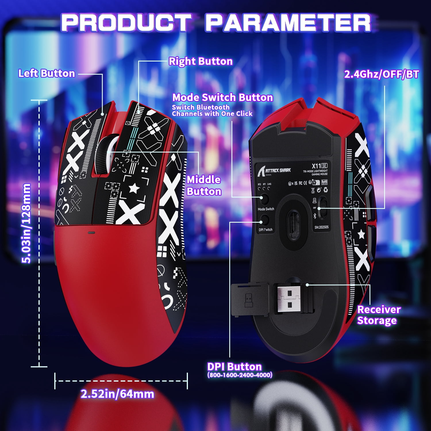 ATTACK SHARK X11SE Wireless Gaming Mouse, PixArt PAW3311 Gaming Sensor, BT/2.4G Wireless/Wired, 65 Hours Battery, Upgrade BK52820 Chip