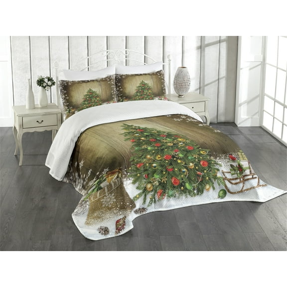 Ambesonne Christmas Quilted Bedspread Set 3 Pcs, Pine Tree Presents, Queen Size, Multicolor