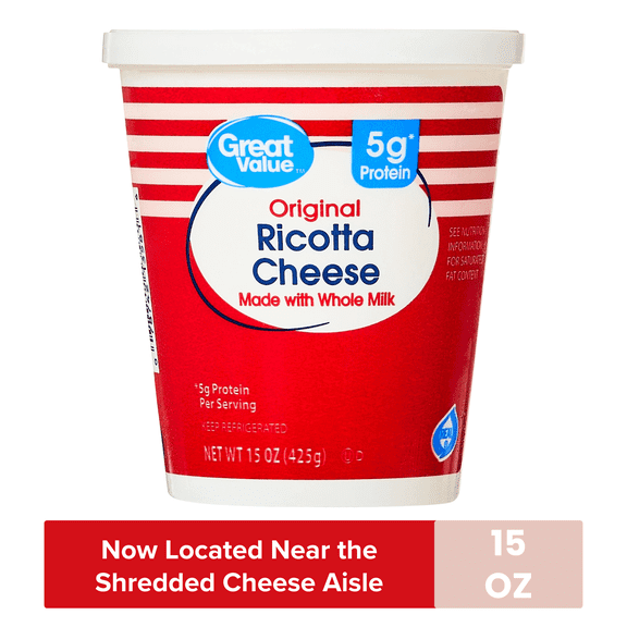 Great Value Original Whole Milk Ricotta Cheese, 15 oz Tub (Refrigerated)