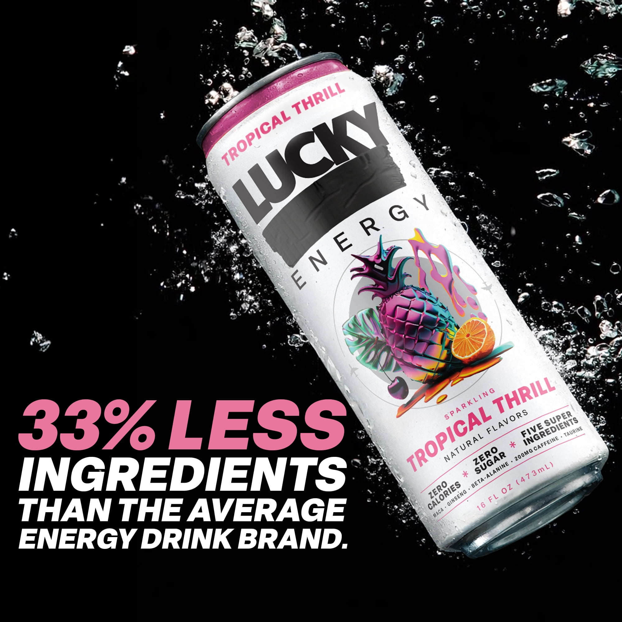 Lucky Energy Sugar Free Energy Drinks, Tropical Thrill, 16oz Cans (12-Pack) Healthy, Zero Sugar Energy Drink with Maca, Ginseng, Beta-Alanine, Taurine & 200mg Caffeine
