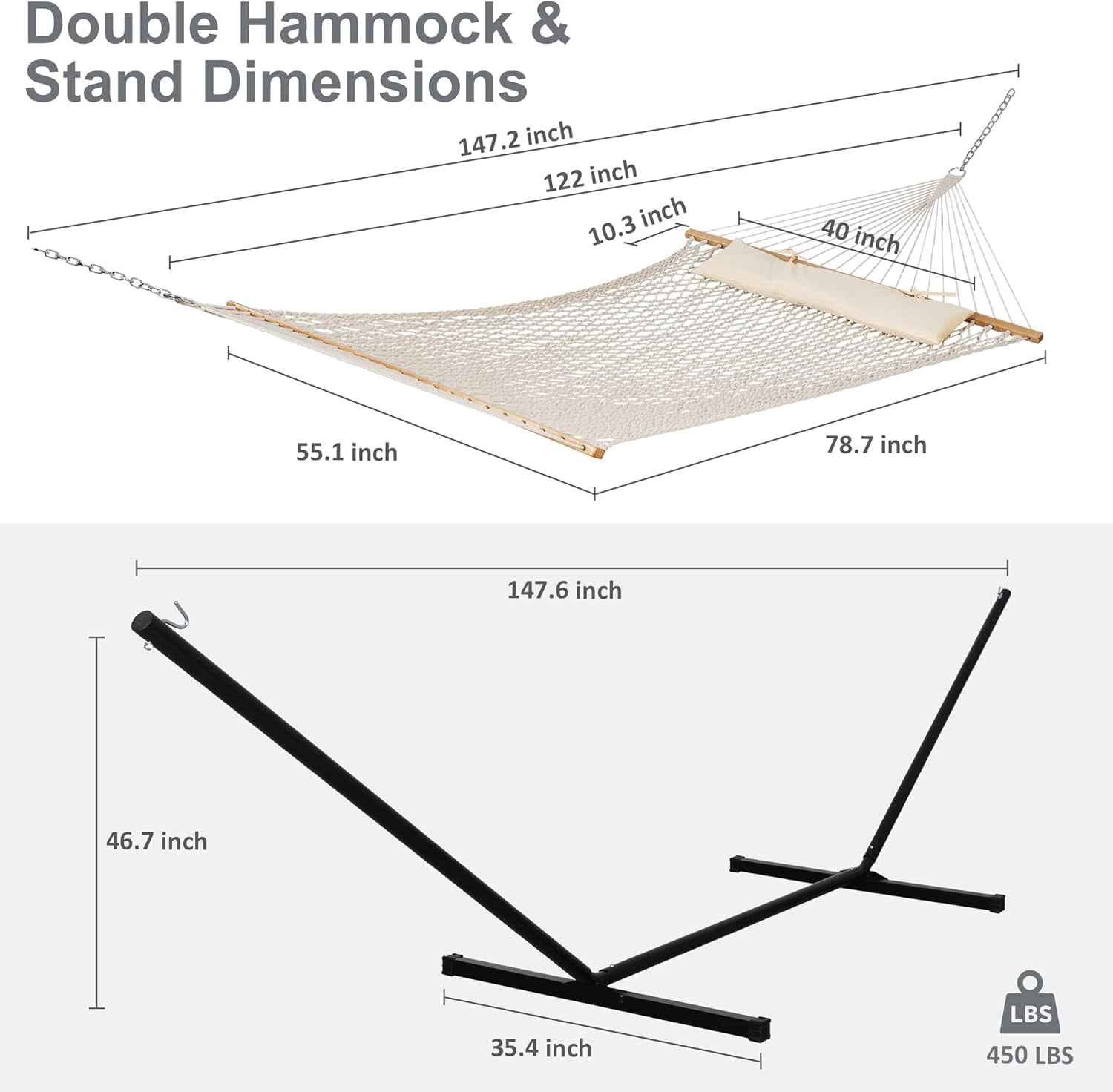 SUNCREAT Double Outdoor Hammock with Stand Included, Portable Cotton Rope 2 Person Hammock , Beige