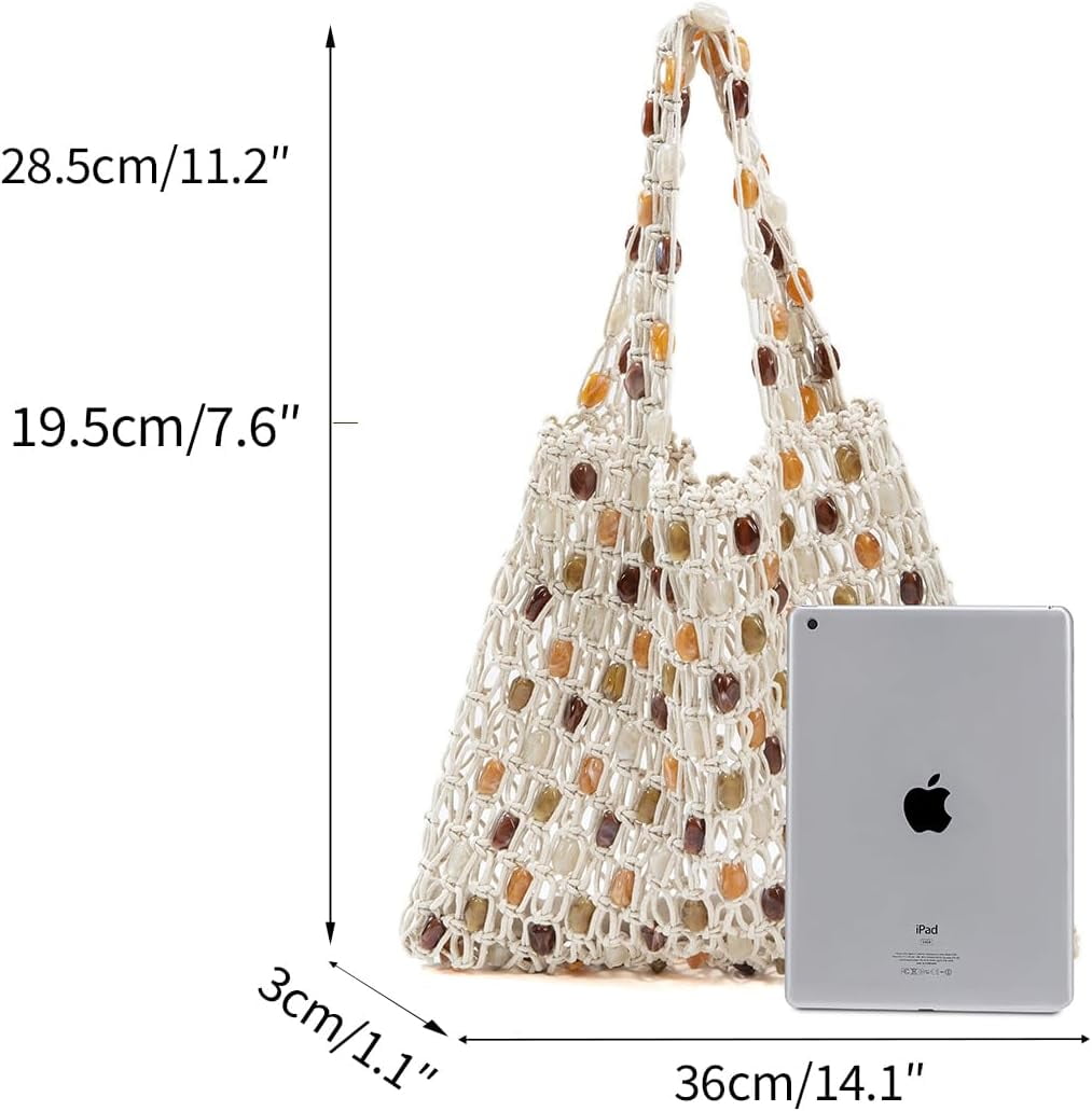Women’s Crochet Beaded Shoulder Bag Lightweight Summer Tote Handbag