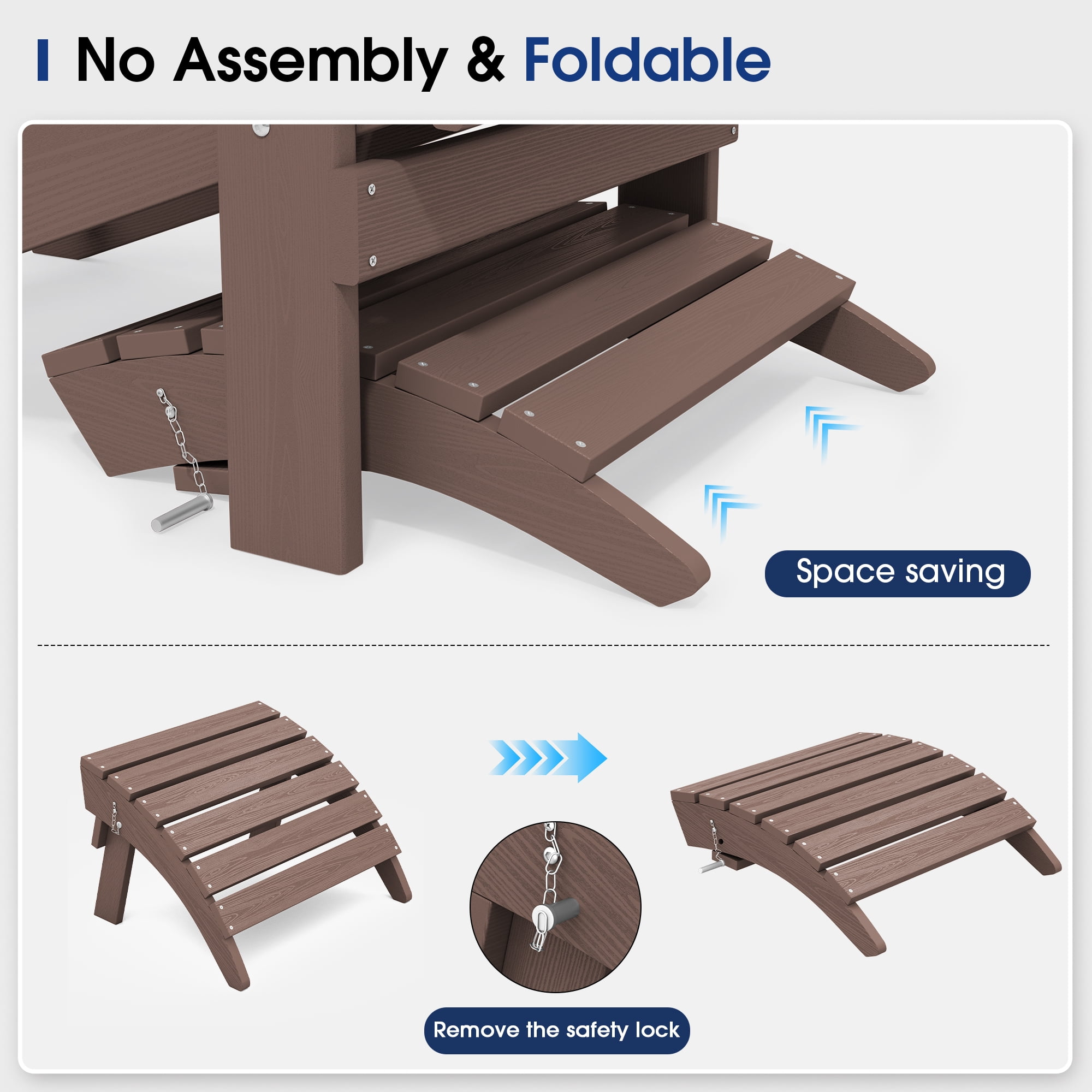 KINGYES Folding Adirondack Ottoman Set of 2, HDPE Outdoor Foot Rest, Plastic Adirondack Footstool for Adirondack Chairs, Coffee
