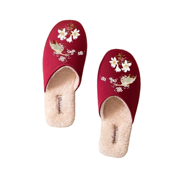 Warm Floral Embroidered House Slippers for Women and Men Plush Lined Indoor Slippers Thick Sole Non Slip Cozy Winter Home Floor Shoes