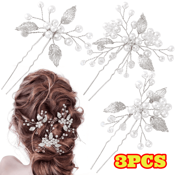 3pcs Pearl Bride Wedding Hair Pins, Leaf Bridal Head Piece Flower Hair Accessories for Women and Girls