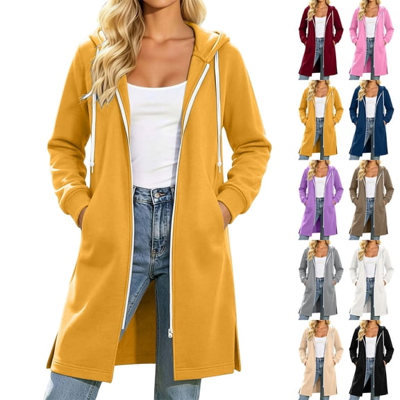 Thousandth Ladies Mid Length Zip Hoodie Long Coat Casual Drawstring Hood Sweatshirt Loose Fit Warm Outer Jacket for Fall Winter