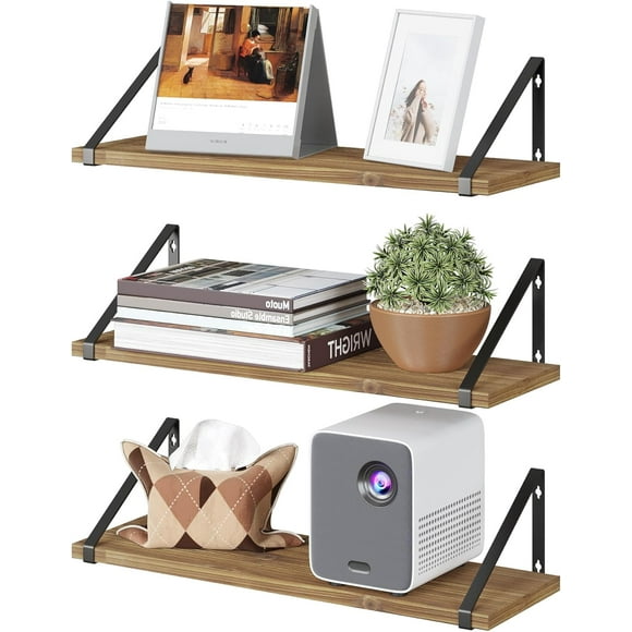3 pack Carbonized Light 17"W 6"DFloating Shelves Rustic Wood Wall Shelf Set of 3, Bookshelf Bathroom Shelf for Living Room, Office, and Bedroom (White)