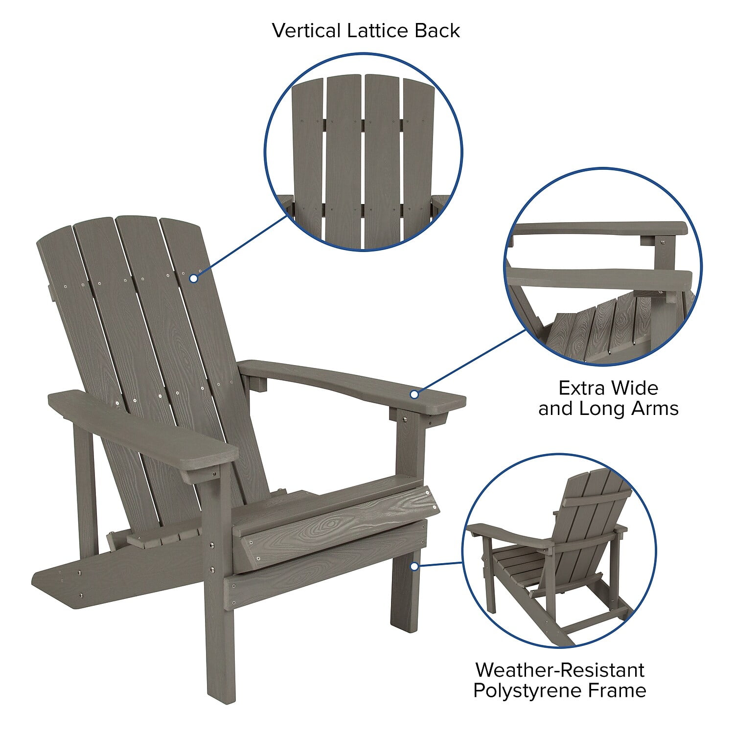 Flash Furniture Set of 2 Charlestown All-Weather Poly Resin Wood Adirondack Chairs in Gray
