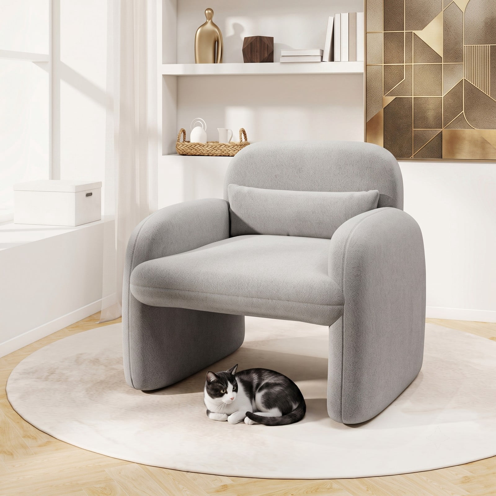 Furnibear Modern Accent Chair with Lumbar Waist Pillow and Cushioned Armrests, Soft Sherpa Upholstered Single Sofa Chair for Bedroom, Living Room, Nursery, Holds, Gray