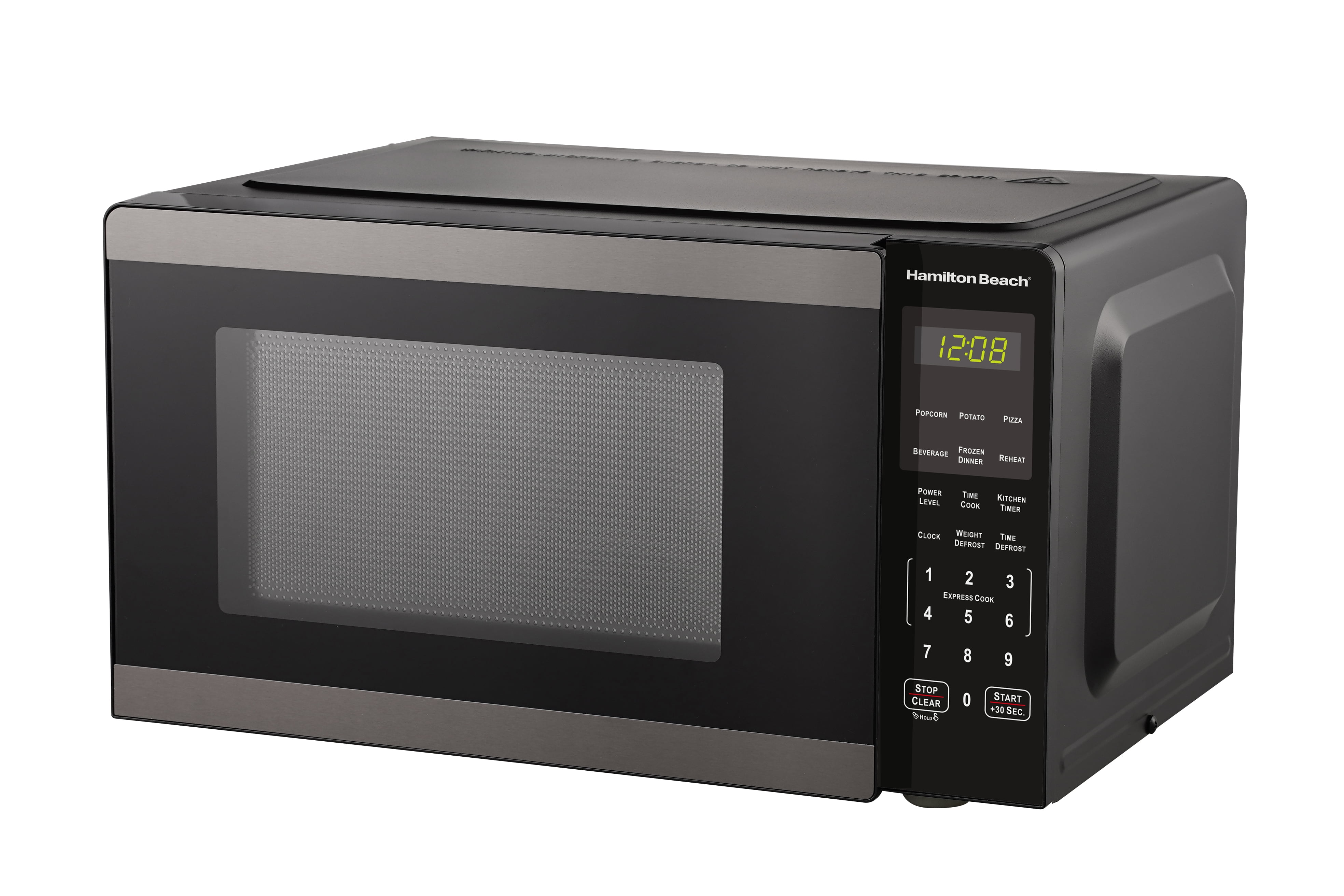 Hamilton Beach 0.9 Cu ft Countertop Microwave Oven, 900 Watts, Black Stainless Steel, New