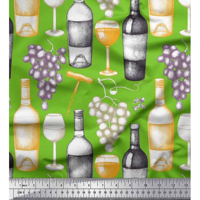 Soimoi Silk Fabric Grapes,Wine Glass & Bottle Printed Craft Fabric by the Yard 42 Inch Wide