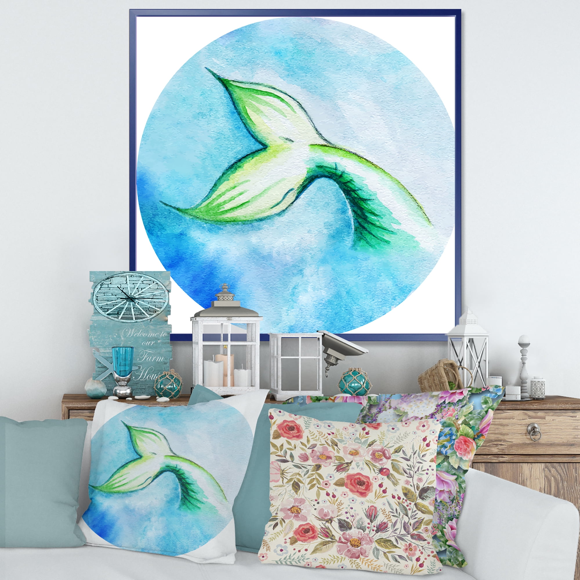 Designart 'Mermaid Green Fish Tail' Nautical & Coastal Framed Canvas Wall Art Print