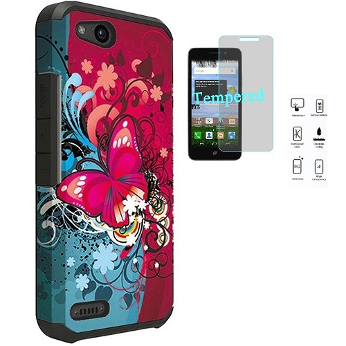 Blade Vantage ZFive G LTE Z557BL Tempered Glass Screen Protector Rugged Stand Holster Cover Atom Cloth Tire Print Dual Layer Armor Case Compatible with ZTE ZFive C LTE Z558VL