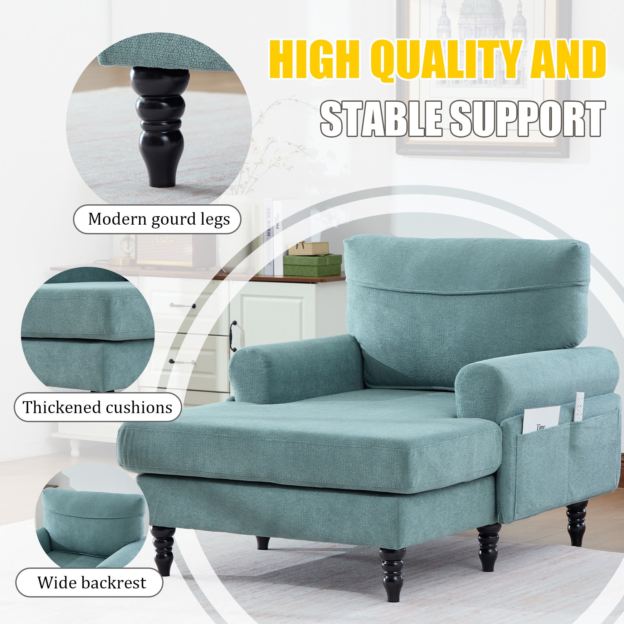 MOONMISS Chenille Upholstered Wood Frame Recliner Single Sofa with Comfortable Backrest and Armrests-Mint Green