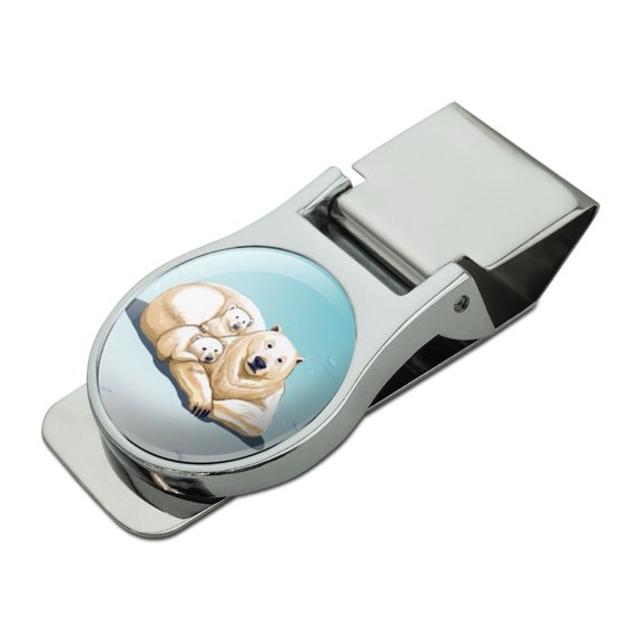 Polar Bear Mom with Cubs Family Satin Chrome Plated Metal Money Clip