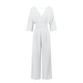 thumbnail image 3 of Womens Deep V Neck Bat Sleeve Solid Color Elegant Versatile High Waisted Straight Tube Jumpsuit Wedding Jumpsuits for Women Leg Strap Jean Jumpsuits Women Woman Jumpsuit & Romper Elegant Body Suit, 3 of 5