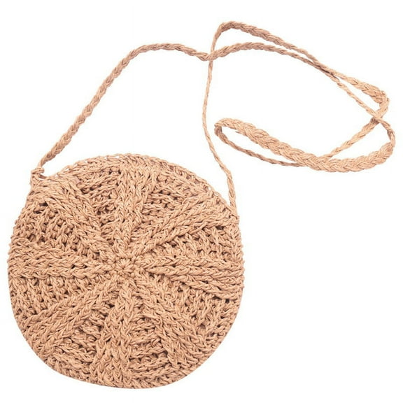 Rattan Crochet Straw Woven Basket Handbag Round Circle Crossbody Shopper Beach Tote Bag（Light Brown）