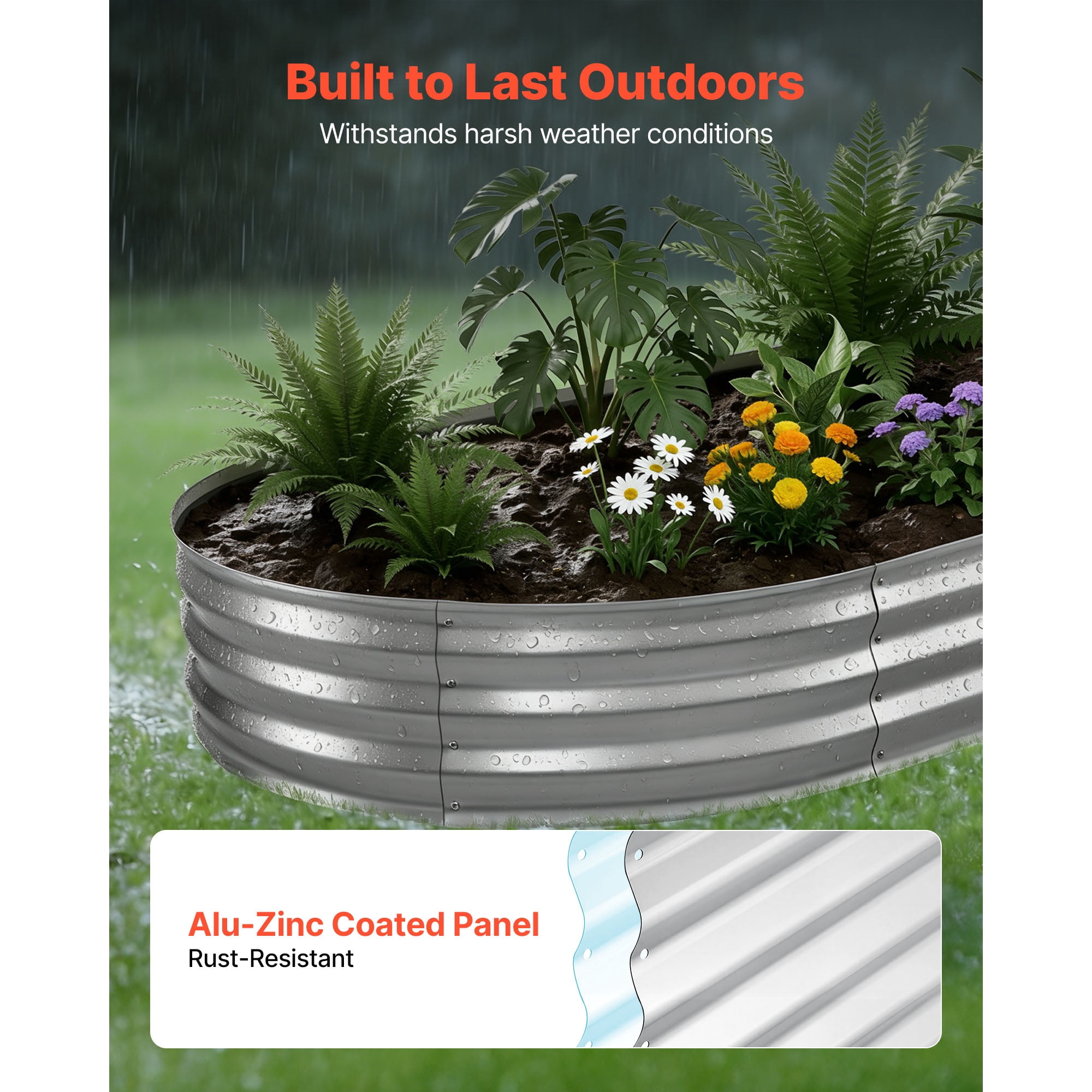KFFKFF Galvanized Raised Garden Bed, 8 x 4 x 1 ft, Oval Metal Planter Box Kit for Outdoor Use, Bottomless Elevated Garden Box with Gloves, Rust-Resistant Alu-Zinc Material, Silver
