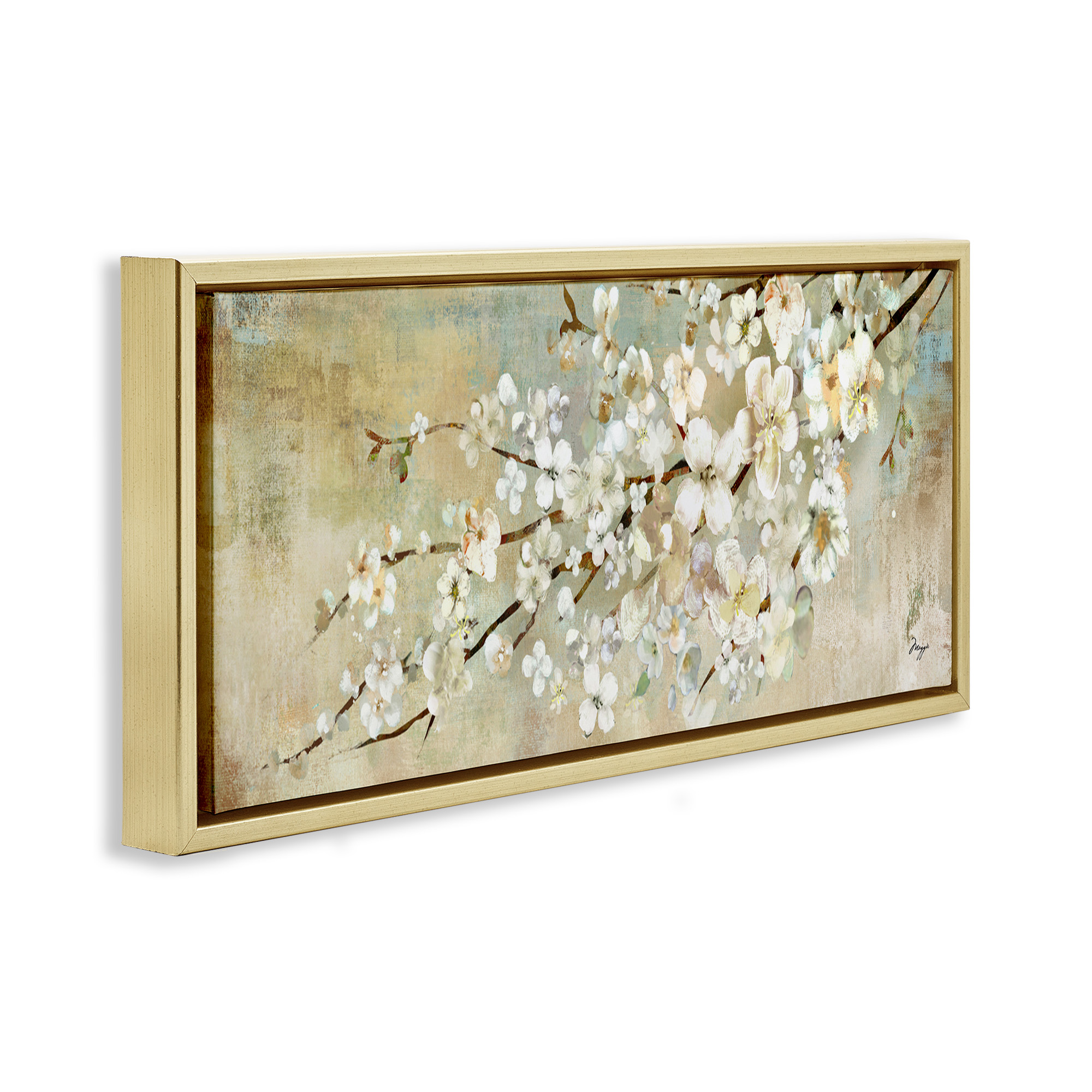 Stupell Industries Blooming Flower Tree Branch Painting Botanical & Floral Painting Gold Floater Framed Canvas Art Print Wall Art, 25 x 11