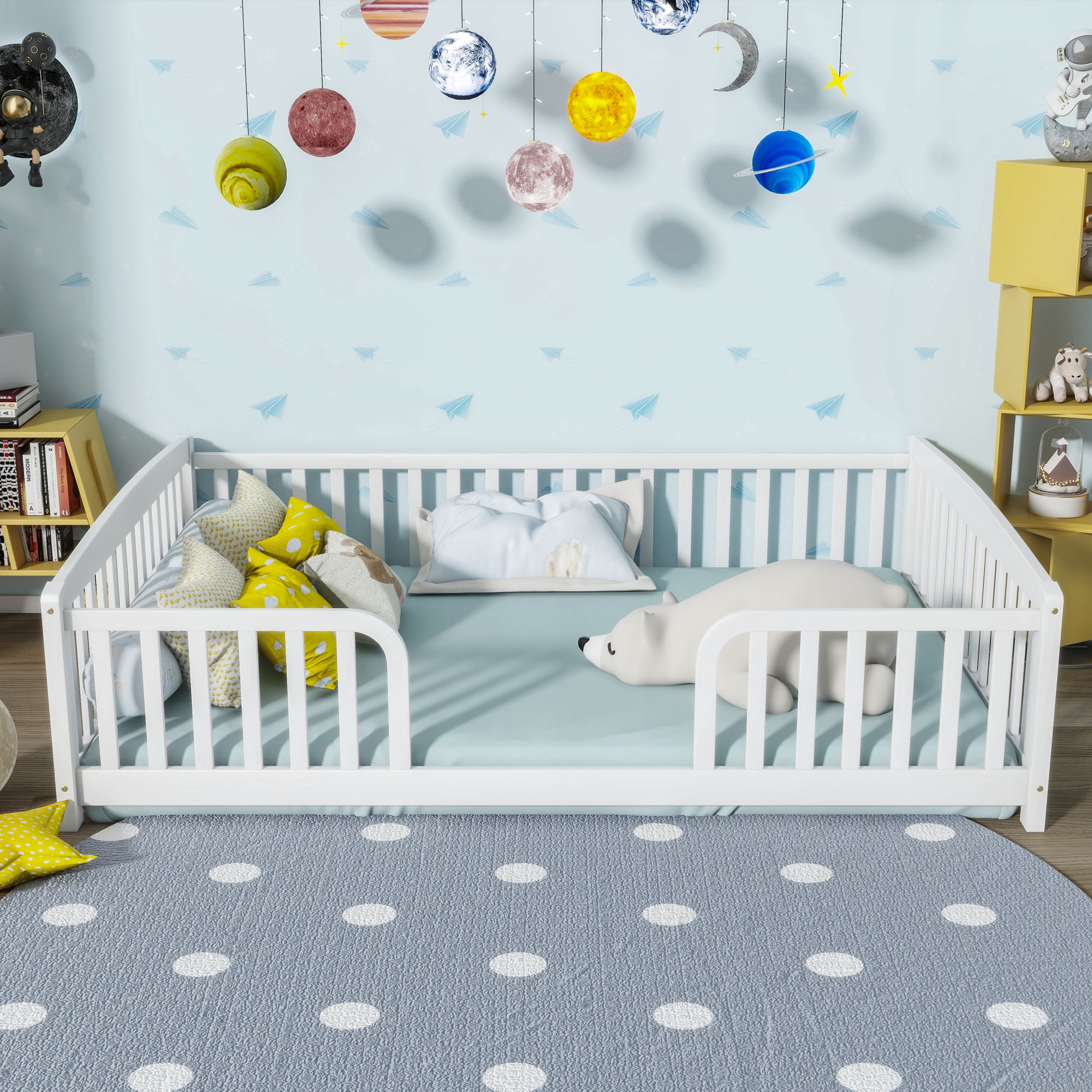 Jopath Full Size Floor Fence Bed with Central Entrance,Pine Wood Floor bed with Guardrails for Boys Girls White