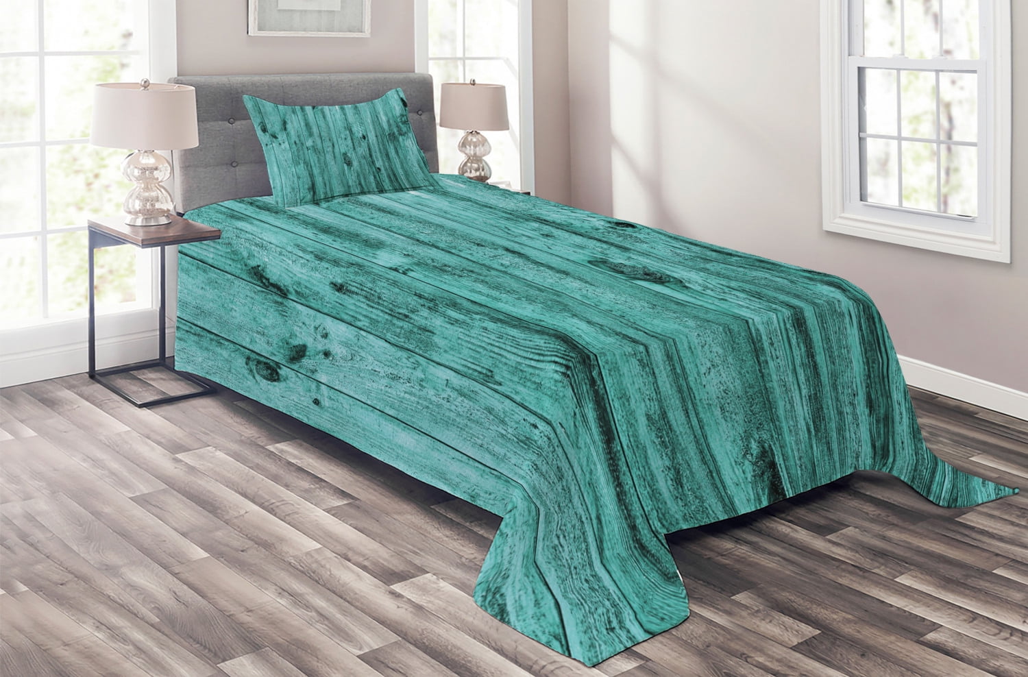 Turquoise Coverlet Set Twin Size, Wall of Turquoise Wooden Texture