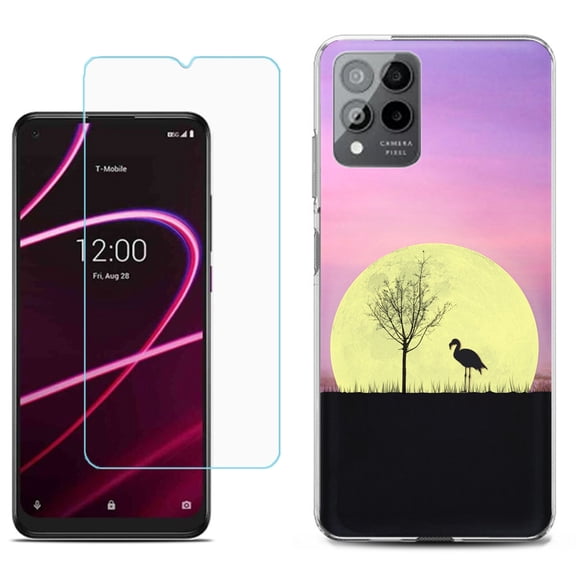 Slim-Fit Gel TPU Phone Case for T-Mobile Revvl 6 Pro 5G, with Tempered Glass Screen Protector, by OneToughShield ® - Moonlight Flamingo