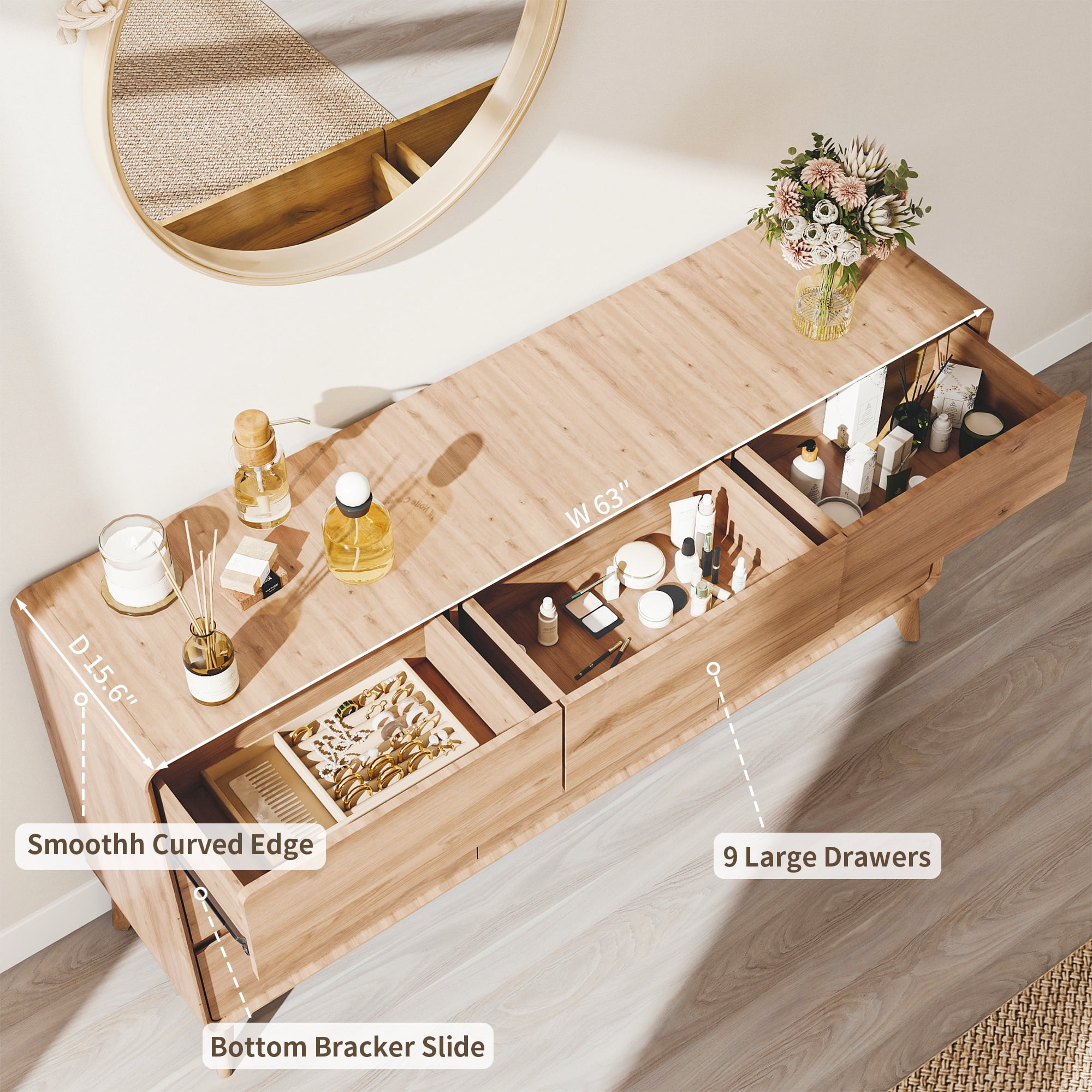 FIAKOA 9 Drawer Dresser for Bedroom, 63” W. Wood Farmhouse Tall Storage Chest of Drawers for Livingroom, Oak
