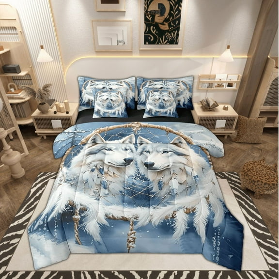 White Wolves Bed Set in a Bag 7 Pcs,Wild Wolf Jungle Animal Snowy Bedding Set,Tribal Dreamcatcher Feather Blue White Comforter with Fitted,Flat Sheet,Pillowcase,Pillow Covers,Twin