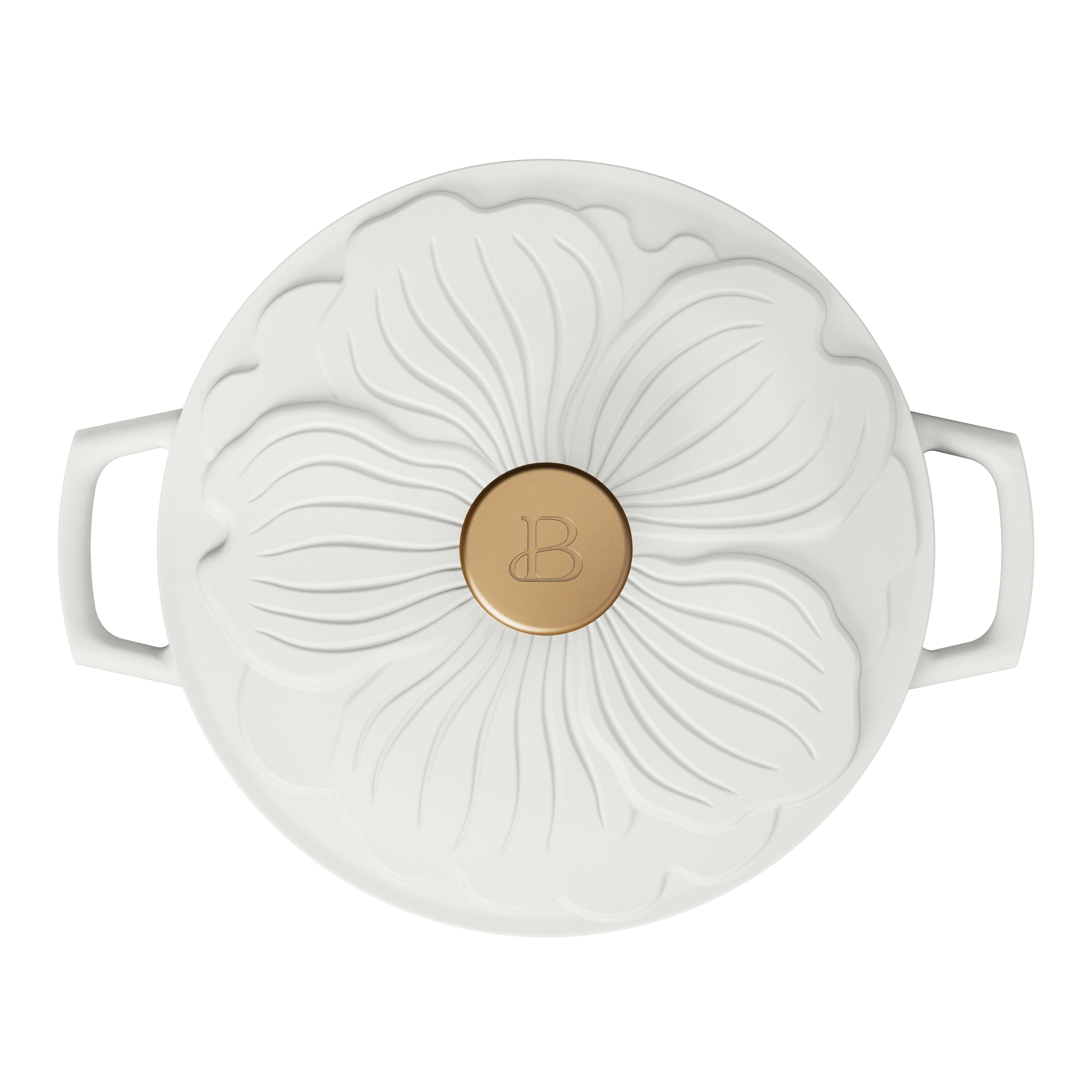 Beautiful 4 Quart Enameled Cast Iron Round Dutch Oven with Petal Design Lid, White Icing by Drew Barrymore
