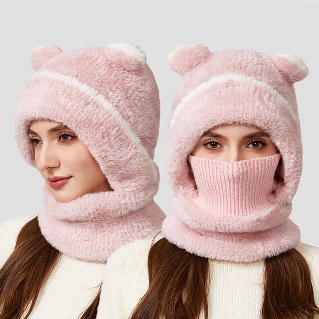 Sombrero de invierno de punto grueso para mujer | Gorro cálido forrado de forro polar con cobertura de orejas y rostro | Lana cortaviento, ajuste elástico y acogedor, gorra térmica suave para clima