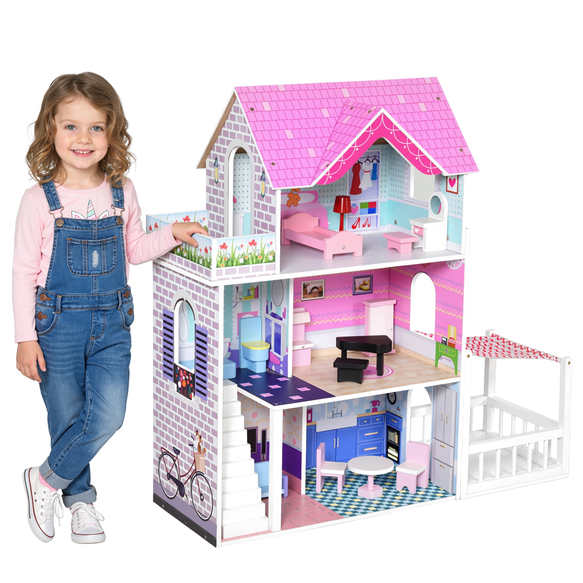 Maison De Poupée Villa XXL En Bois – 4 étages, 9 Pièces, 28 Meubles – 98x32x123 Cm – Convient Barbie – Dès 3 Ans