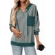 thumbnail image 3 of Women's Contrast Color Stripe V-Neck Hooded Sweatshirt Long Sleeve Casual Pullover with Snap Buttons, 3 of 5